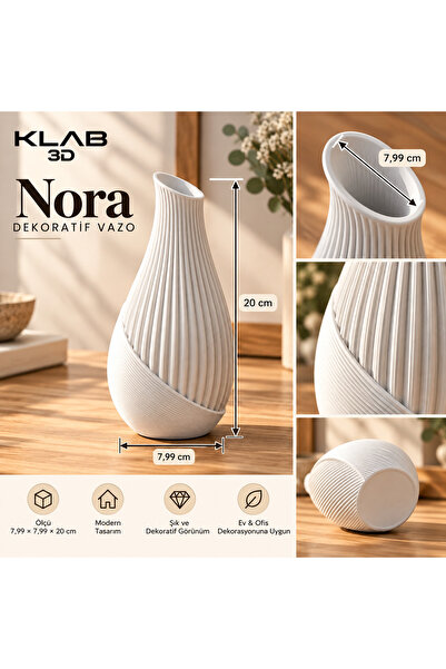 Nora Dekoratif Vazo – Modern Çizgili Tasarım Beyaz 20 cm