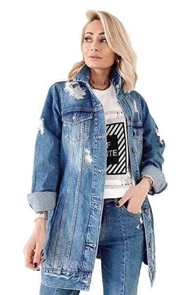 velve Jachetă lungă din denim DiSonia, cu perforații pe tot conturul, Albastru, Mărimea XS