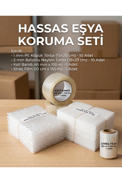 Dalpak Ambalaj Hassas Eşya Koruma ve Kargo Paketleme Seti - Kırılacak Ürün Koruyucu Pe Köpük Torba + Balonlu Naylon + Koli Bandı + Streç Film