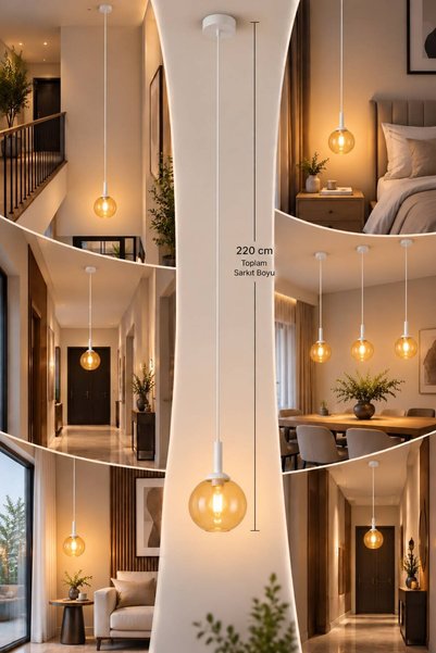 VENON Feris Tekli Avize BEYAZ GÖVDE ✨ 220 CM ✨ BAL GLOP CAMLI || TAVAN MONTAJLI || Yatak Başı Modern Tasarım Salon Mutfak Yatak Odası Merdiven Boşluğu Yüksek Tavan Dubleks Villa Komodin Üstü Konsol Uzun