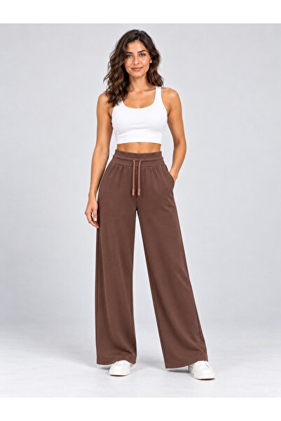 De Carte Women's High Waist Modal Fabric Wide Leg Lace-Up Sweatpants with Dou...