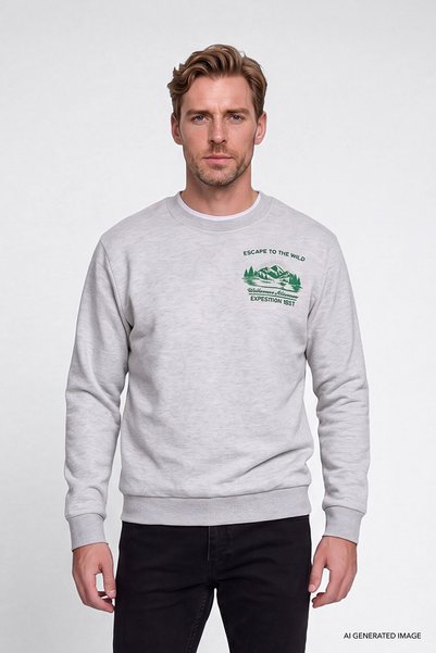 AC&Co / Altınyıldız Classics Erkek Gri Melanj 3 İplik İçi Sıcak Tutan Polarlı Standart Fit Bisiklet Yaka Pamuklu Sweatshirt
