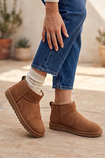 Öner Shoes Kadın Mini TABA Süet Yarım Bot Içi Tüylü Ayakkabı