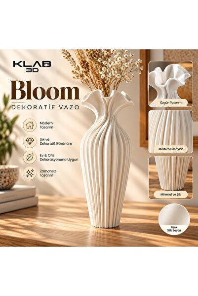 Bloom Dekoratif Vazo – Silk Beyaz, Modern Çizgili Tasarım