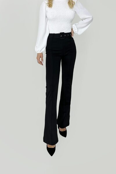 velve Pantaloni eleganți cu aspect mat, cu nervură la mijlocul piciorului, croială evazată și curea asortată, Negru, Mărimea L