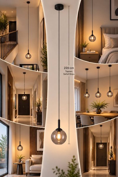 VENON Feris Tekli Avize SİYAH GÖVDE ✨ 220 CM ✨ FÜME GLOP CAMLI || TAVAN MONTAJLI || Yatak Başı Modern Tasarım Salon Mutfak Yatak Odası Merdiven Boşluğu Yüksek Tavan Dubleks Villa Komodin Üstü Konsol Uzun