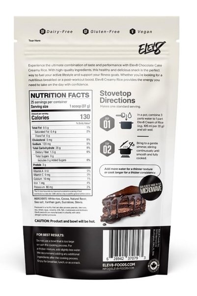 Elev8 Cream of Rice | Chocolate Cake | Hot Cereal | 25 Servings | Gluten-Free | Dairy Free | Vegan | Natural Rice Breakfast