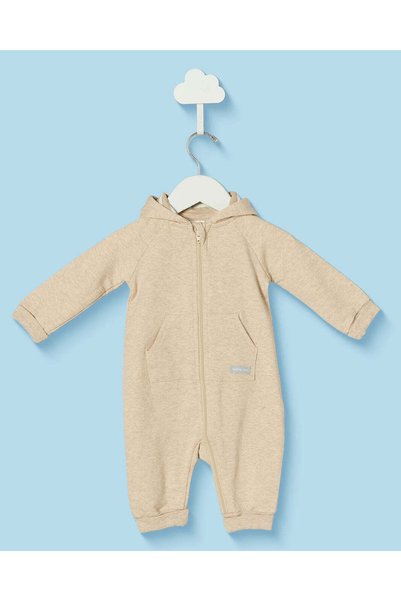 REDTAG Baby Beige Plain Hooded Romper