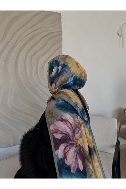 Hepsi Moda Vintage Garden Modal Silk Shawl - Indigo & Gray