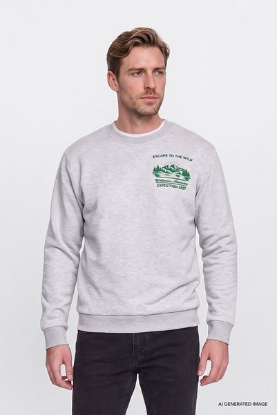 AC&Co / Altınyıldız Classics Erkek Gri Melanj 3 İplik İçi Sıcak Tutan Polarlı Standart Fit Bisiklet Yaka Pamuklu Sweatshirt