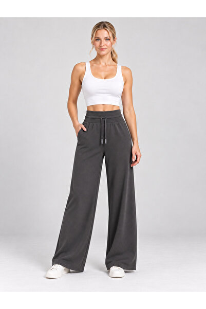 De Carte Women's High Waist Modal Fabric Wide Leg Lace-Up Sweatpants with Dou...