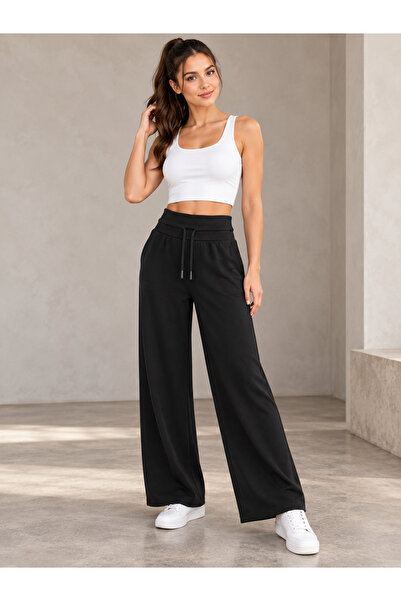 De Carte Women's High Waist Modal Fabric Wide Leg Lace-Up Sweatpants with Dou...