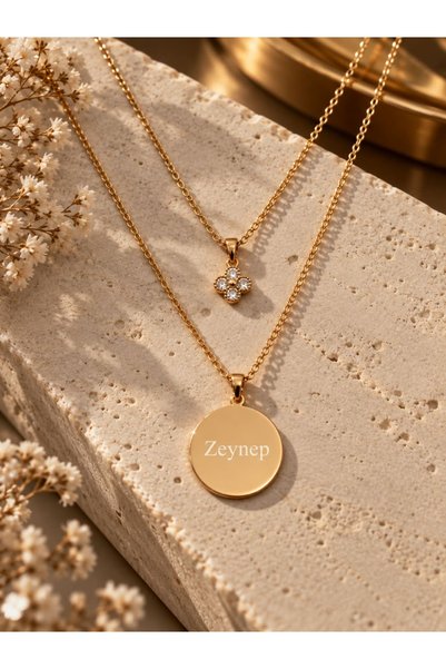 Satürn Silver Kuyumculuk Kişiye Özel İsimli Gold Renk Taşlı Yuvarlak Kolye