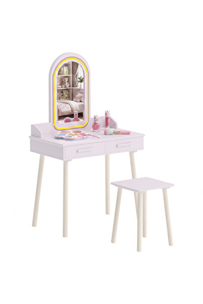Generic Brand Set de toaletă 2-în-1 pentru copii cu oglindă LED pentru fete, Roz