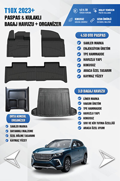 Sahler T10X Uyumlu LİNER Marka 3D Kulaksız Bagaj Havuzu + 4.5D Oto Paspas