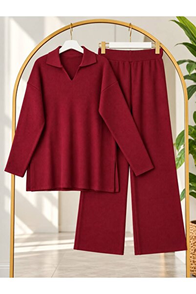 YILMAZBARMAZ Women's Hijab Polo Collar Knitwear Pants Set
