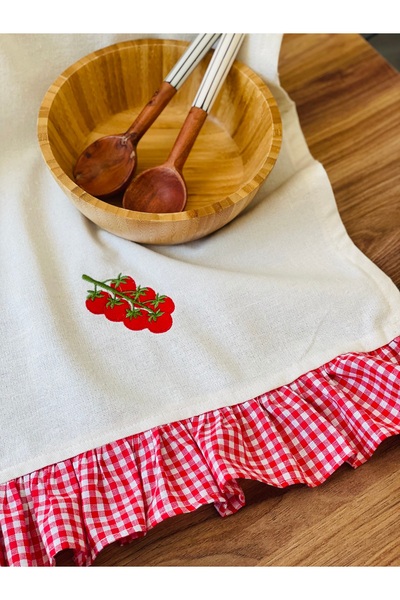 HOME OF BLOSSOM Raw Linen - Red Gingham Ruffled Bunch of Tomatoes Embroidery Murfak Cloth 40X60Cm