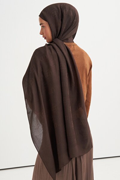 carell Monogram pattern tencel wool viscose shawl bitter brown