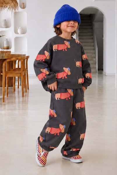 Monila Boy's Cotton 3 Thread Fabric Anthracite Dog Printed Tracksuit Bottom a...