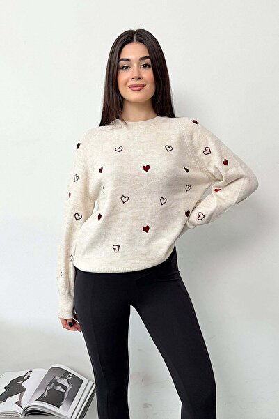 JEE LEE Pulover tricotat pentru femei, cu decolteu rotund și broderie inimă -...
