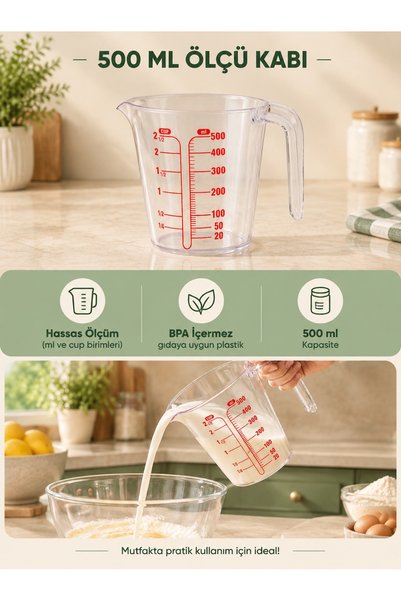 MappleHome 500 ML Ölçü Kabı – Dereceli Şeffaf Mutfak Ölçü Sürahisi, Hassas Öl...