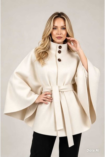 şuranur Stand-Up Collar Belt Detail Premium Poncho Coat