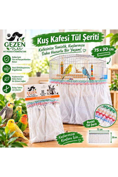 gezen Renkli Şeritli Kuş Kafesi Tülü XXL Boy 75x30 cm Tüy ve Yem Kabuklarını Önleme Özellikli