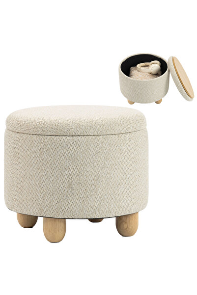 Generic Brand Taburet de depozitare, Taburet rotund cu capac, Aspect de in, 3...