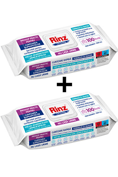 Rinz Set 1 + 1 pachete șervețele umede pentru curățarea suprafețelor, formulă siliconică, nu lasă urme, 100 bucăți/pachet, 200 bucăți