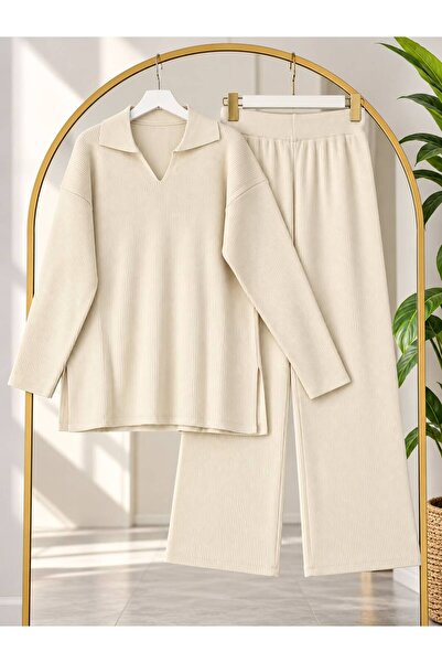 YILMAZBARMAZ Women's Hijab Polo Collar Knitwear Pants Set