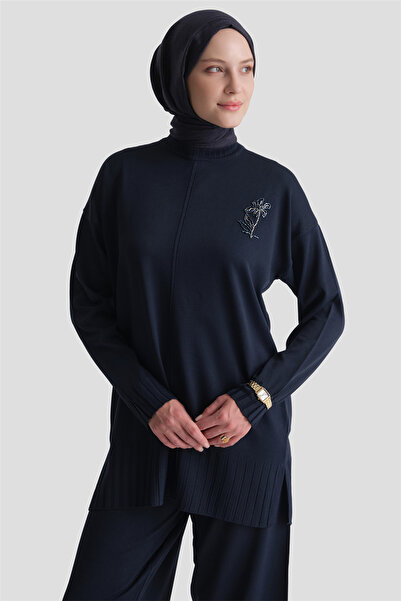 Armine Flower Embroidered Knitwear Set Navy Blue