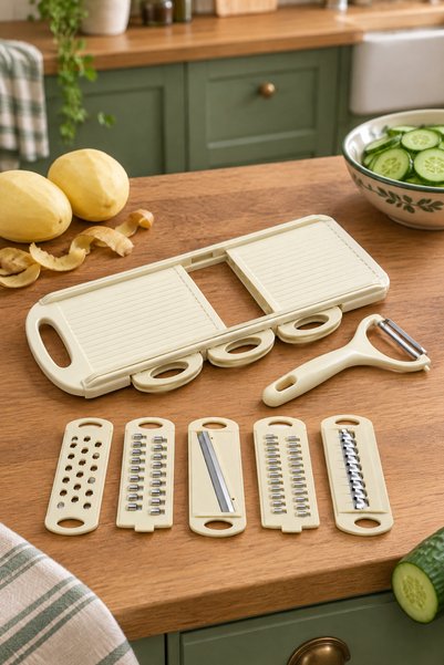 MAKRİ HOME Çok Fonksiyonlu Mandolin Rende ve Soyacak Seti, 5 Bıçaklı, Krem