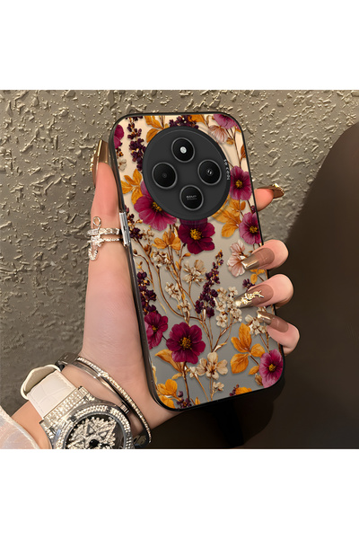 SLIMFELT Redmi 14C 4G/5G Uyumlu Sonbahar koyu renk çiçek desen telefon kılıfı...