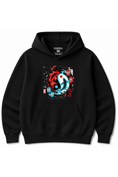 Rabona Fashion Hanorac cu grafică față și spate cu pește Koi Yin Yang japonez...