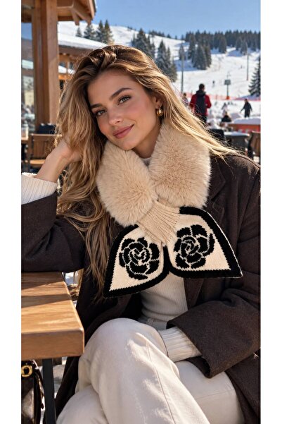 FELLMENS Beige Soft Textured Plush Patterned Women's Neck Collar