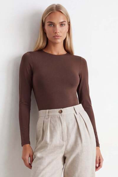 Trend Alaçatı Stili Women's Brown Crew Neck Long Sleeve Snap Fastener Polyami...