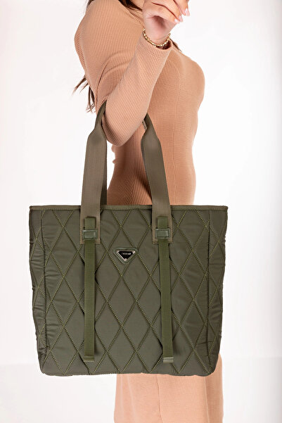 Gondol Women's Large Quilted Fabric Bag Ald.2287 Khaki