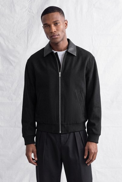 NGR Men's Grandland Leather Detailed Premium Cashmere Jacket Black