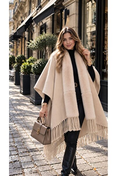 FELLMENS Poncho de damă din blană artificială de cașmir premium, culoare camel