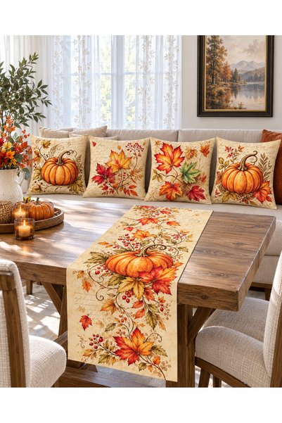 HOMESSA Maple Leaf Vintage Pumpkin Autumn 4-Piece Throw Pillow Cover Runner Set