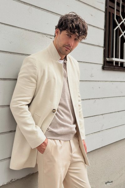 MODAMESTO Men's Cream Cashmere Coat Slim Fit Stand Collar Winter Coat