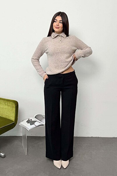 JEE LEE Women's Stand Collar Buttoned Knitwear Sweater Beige - 27K 5178