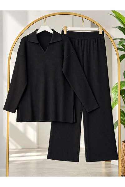 modasindoma Women's Hijab Polo Collar Knitwear Pants Set Black