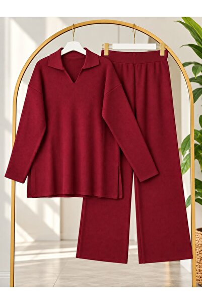 modasindoma Set de tricotaje cu guler polo pentru femei, cu pantaloni, culoar...