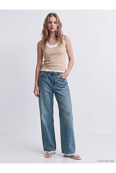 LC Waikiki LCW Jeans Indigo Pantaloni de damă cu talie elastică și croială largă