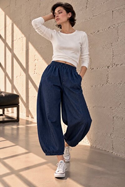 bb butik basic Draped Denim Balloon Cut Women's Trousers with Elastic Waist M...