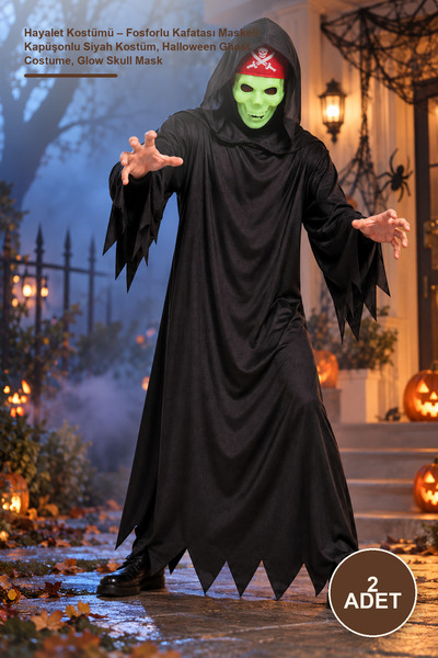 Yenilig 2 piese costum de fantomă - costum negru cu glugă cu mască de craniu ...
