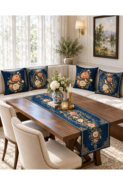 HOMESSA Navy Blue Gold Baroque Bird and Flower 4-Piece Throw Pillow Cover Runner Set
