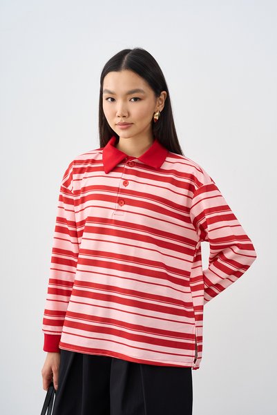 LOCCO Women's Shirt Collar Half Button Sweatshirt Red