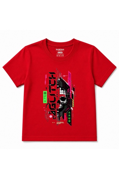 Rabona Fashion Neon Cyber Skull Japanese Techwear Graphic Kids T-Shirt